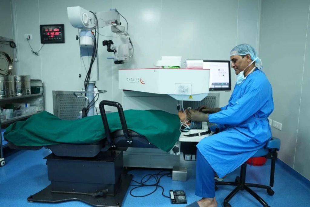 Medical professional providing eye care in a community setting